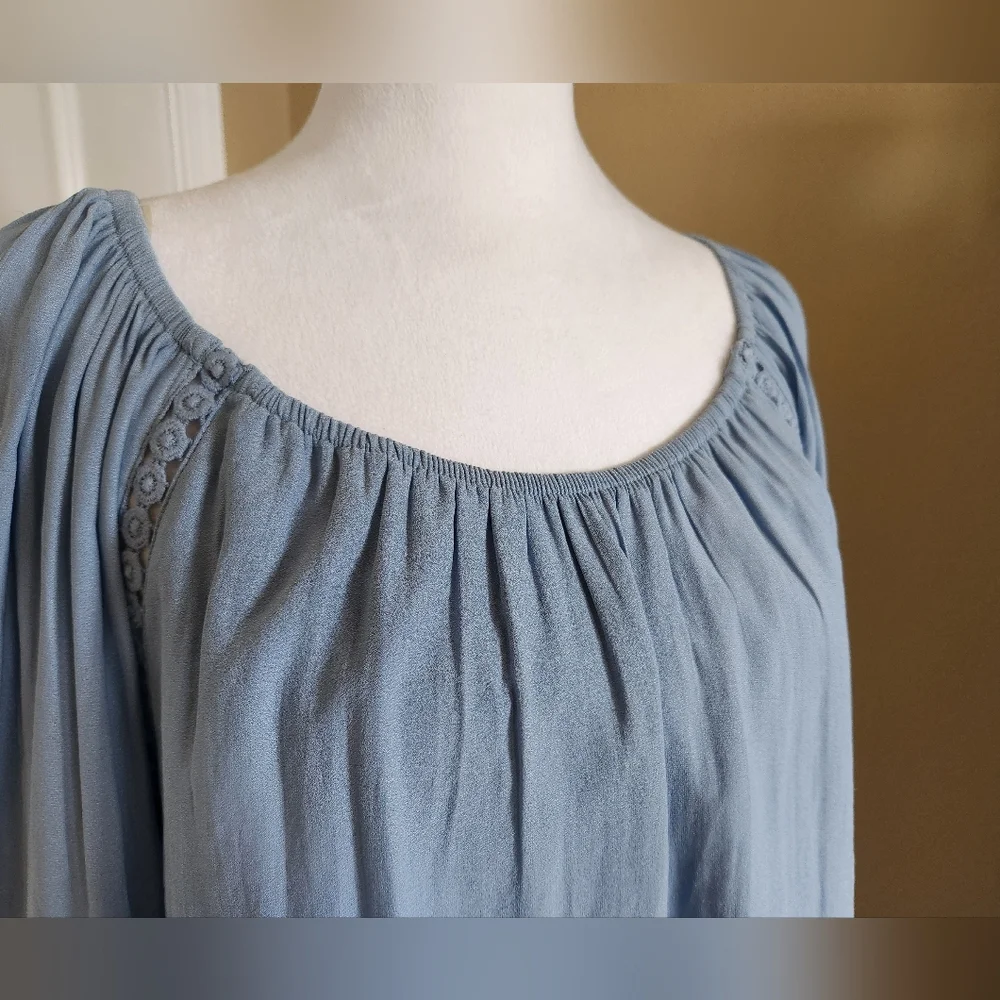 INC International Concepts Women's Ruffled Crochet-Trim Top, Blue, Size Medium - Picture 3 of 8